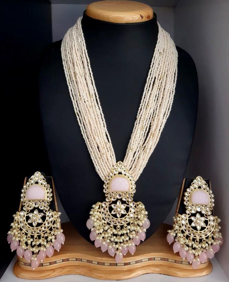 Baby Pink Stone White Pearls Necklace Set.