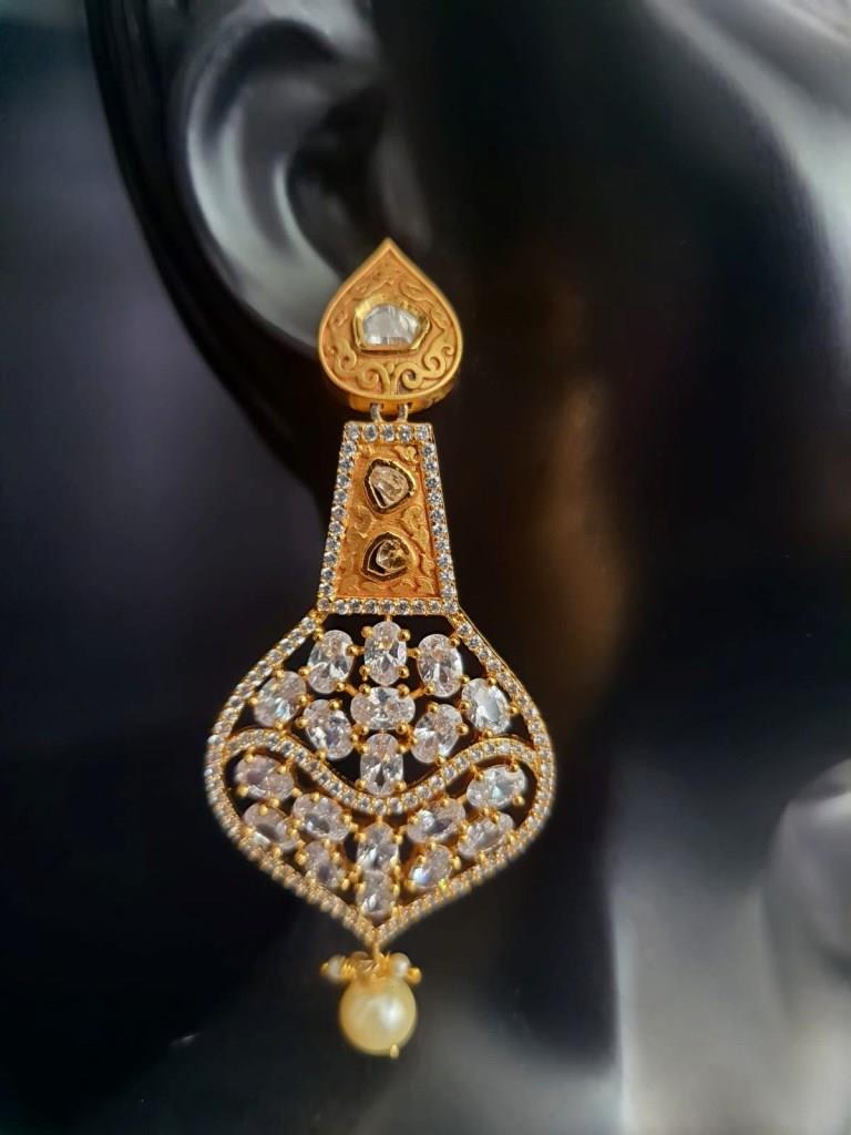 Long Uncut Kundan Golden Minakari Earrings.