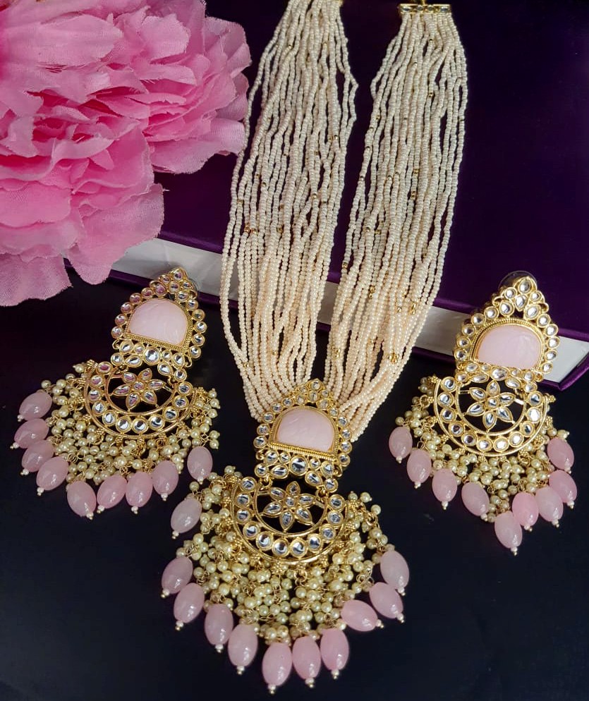 Baby Pink Stone White Pearls Necklace Set.