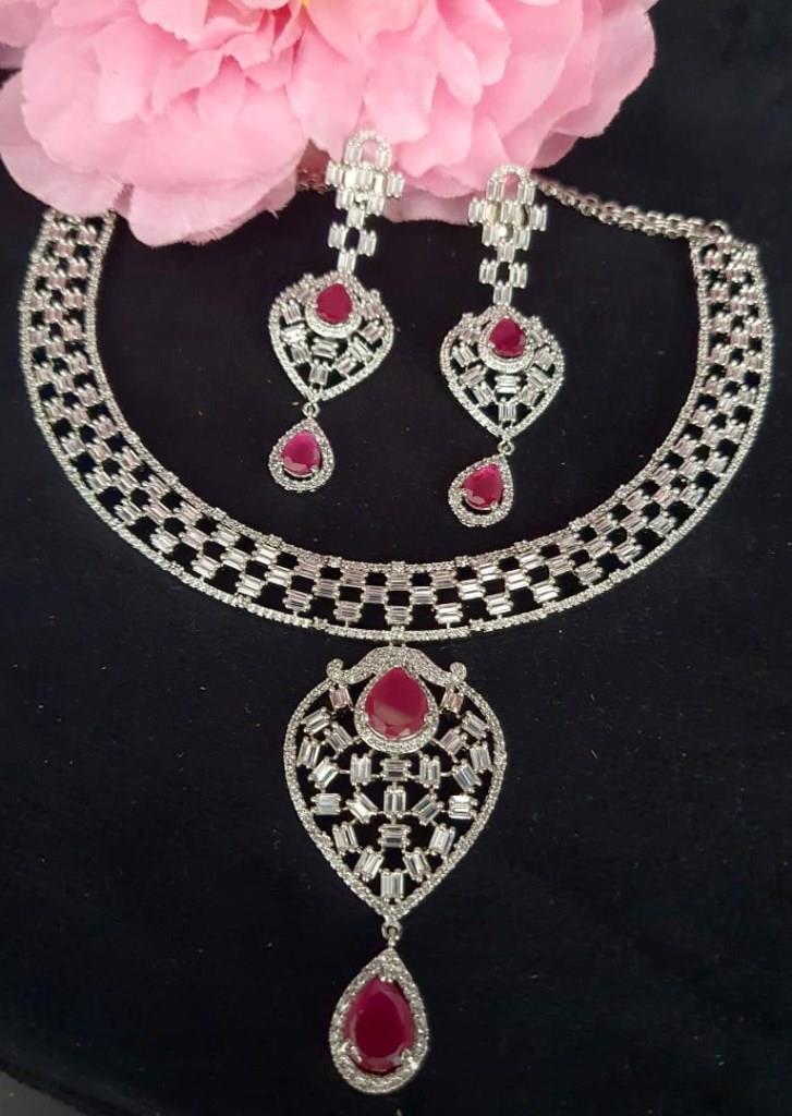 Rhodium Plated In Ruby Stone Necklace.