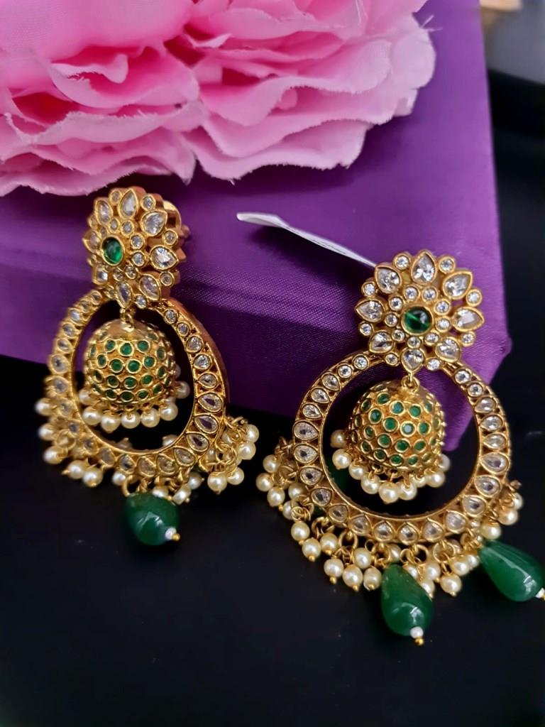 Little Hanging Jhumka With Green Stone Earrings.