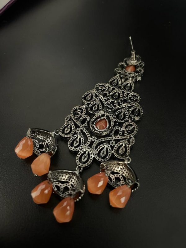 Black Rose Plated Peach Stone Long Earrings.