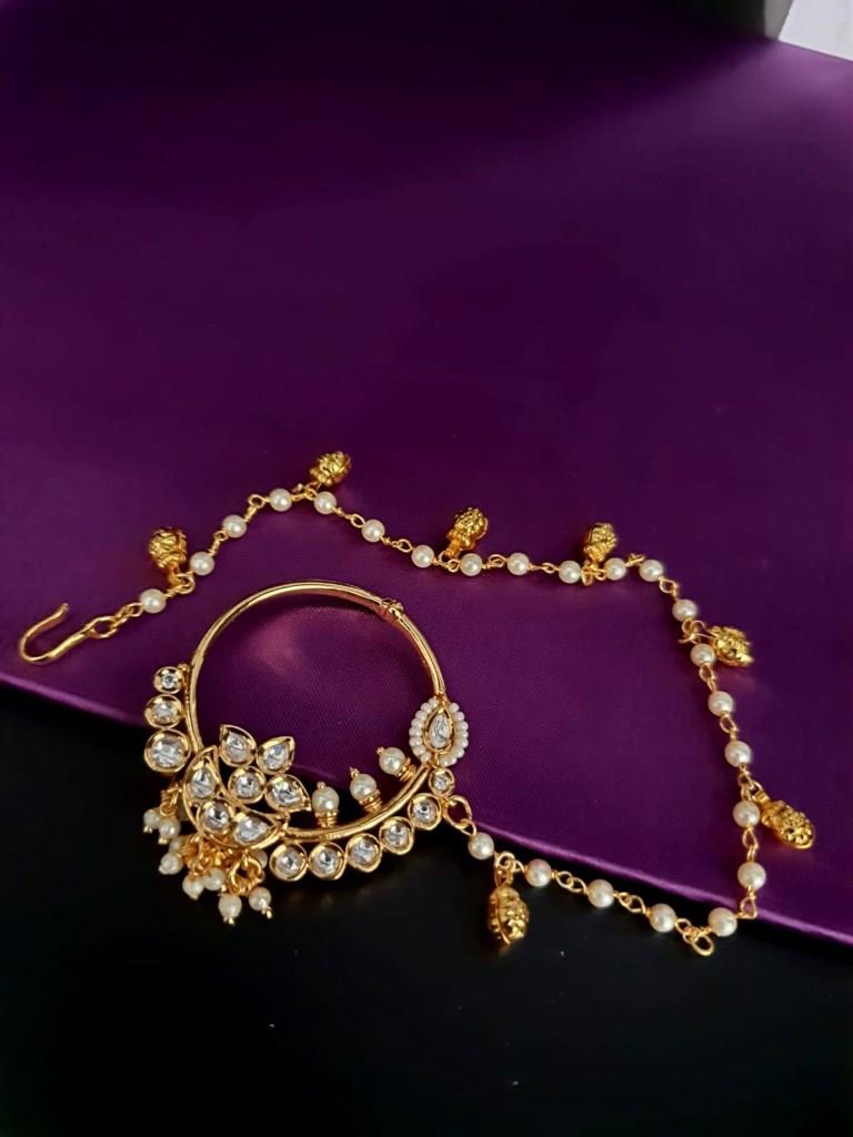 Gold Plated Traditional Kundan Nath Nose Ring.