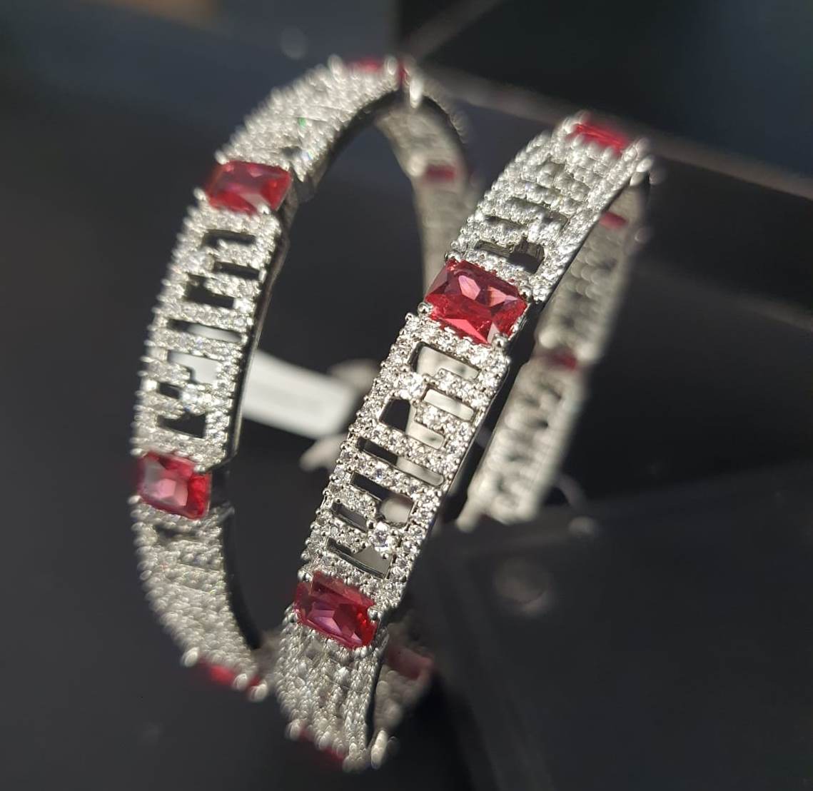 Silver Plated Bangles In Red Stone.