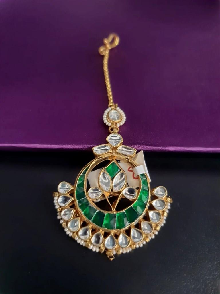 Traditional Uncut Kundan With Green Stone Maangtika.