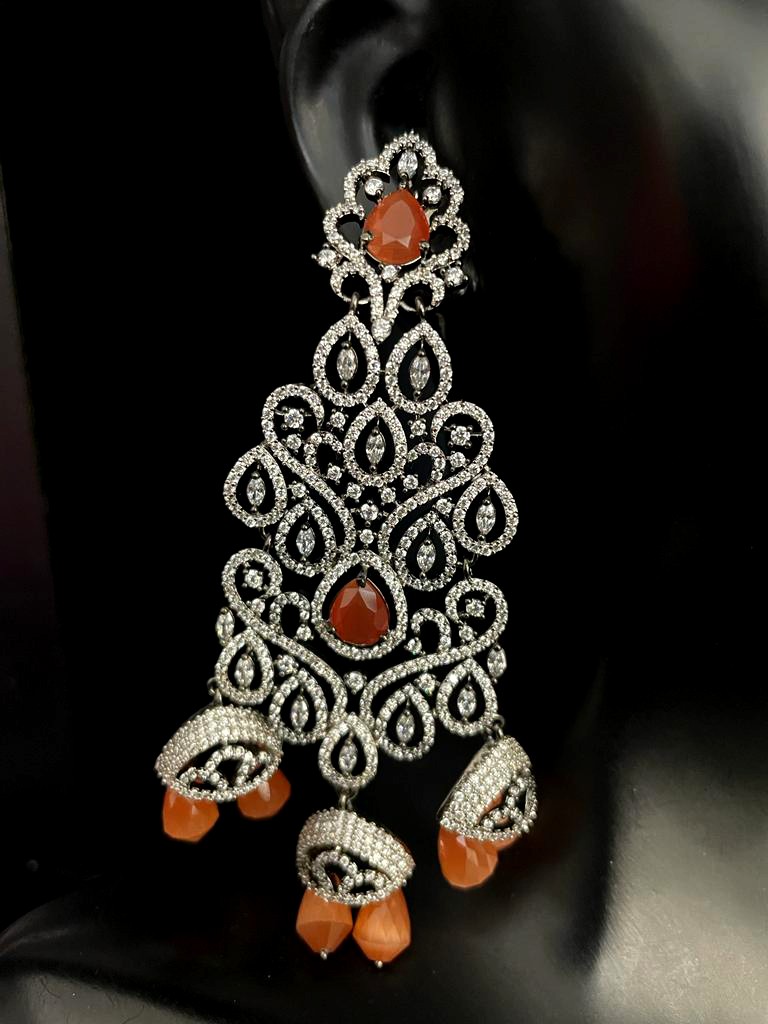 Black Rose Plated Peach Stone Long Earrings.