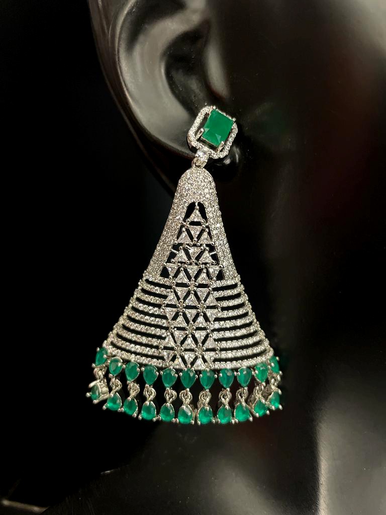 Rhodium Plated Green Stone Earrings.