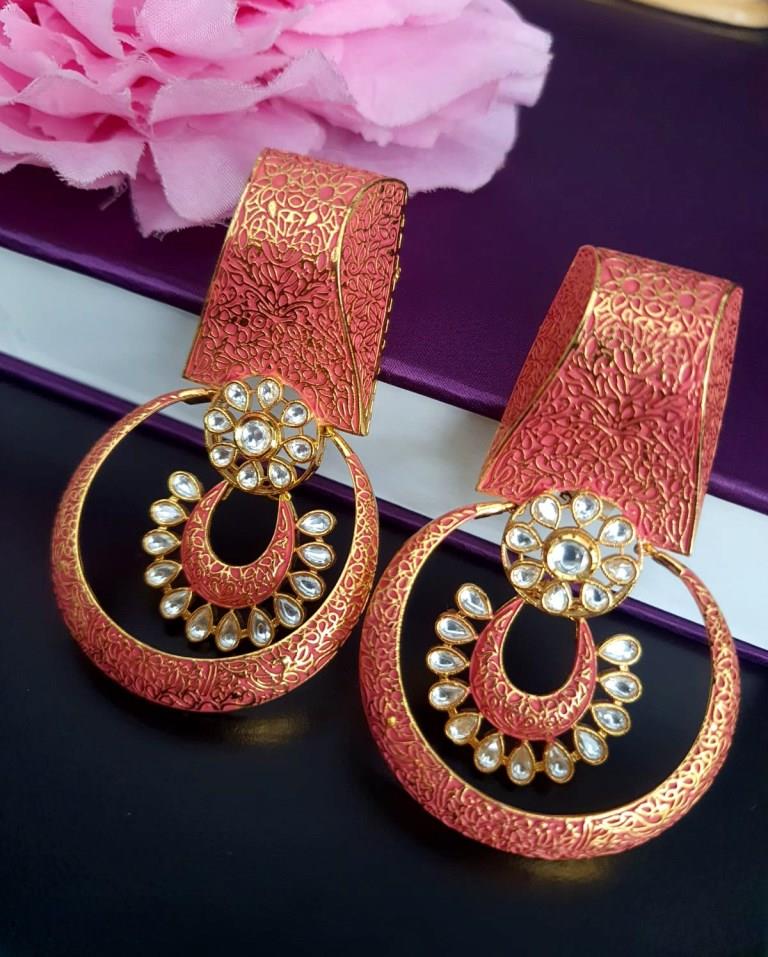 Peach Minakari Gold Plates Earrings.