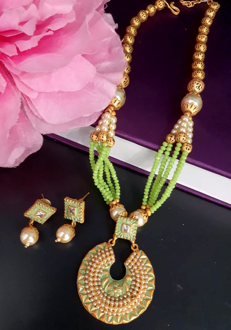 Green Minakari Beads Mala Long Necklace Set.