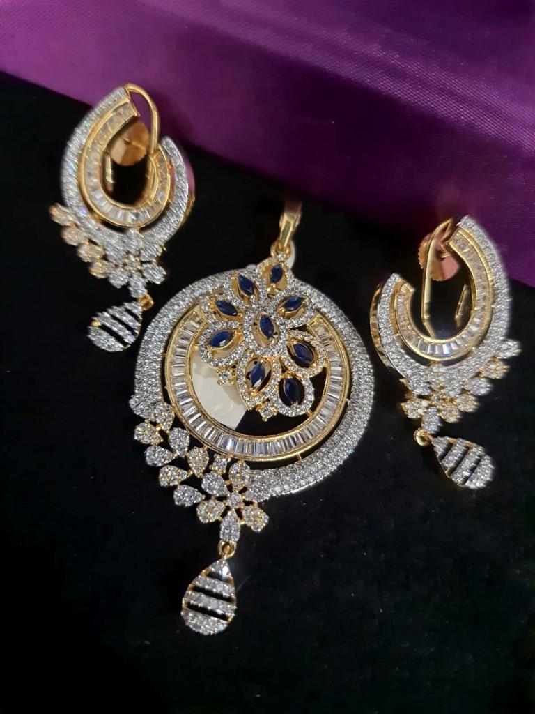 Navy Blue Stone With CZ Diamond Pendant Set.