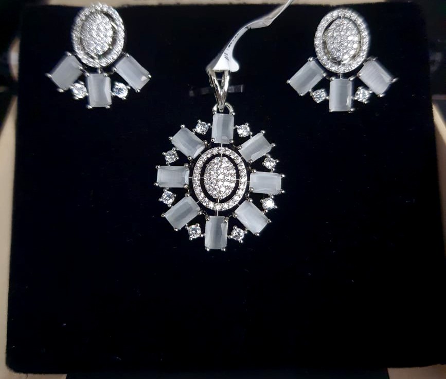 Rhodium Plated Grey Stone Set.