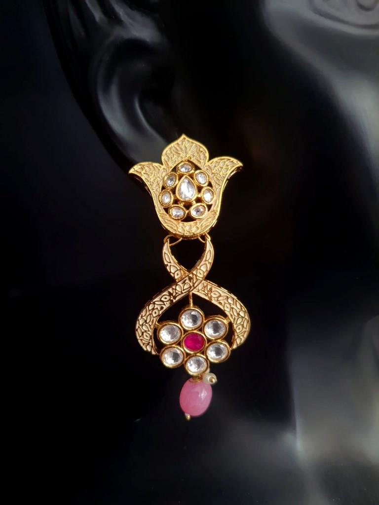 Rose Design Gold Minakari With Ruby Stone Earrings.