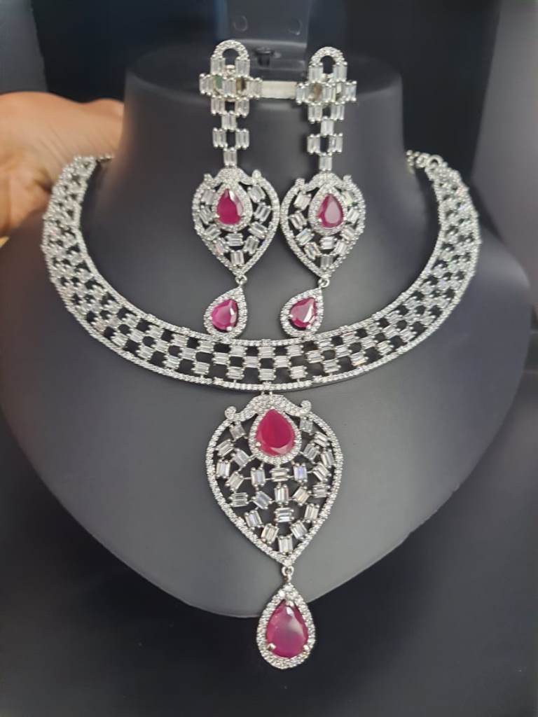 Rhodium Plated In Ruby Stone Necklace.