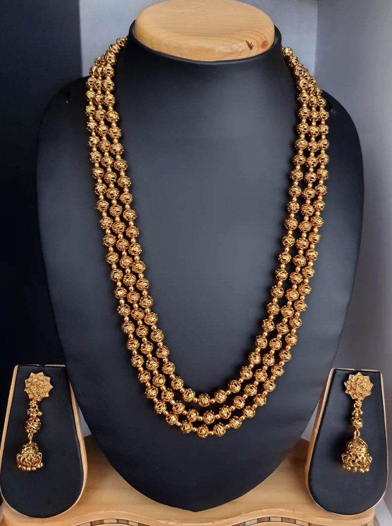 Three Line Gold Plated Long Necklace Set.