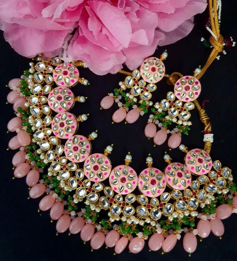 Baby Pink Minakari Kundan Chokkar Necklace Set.