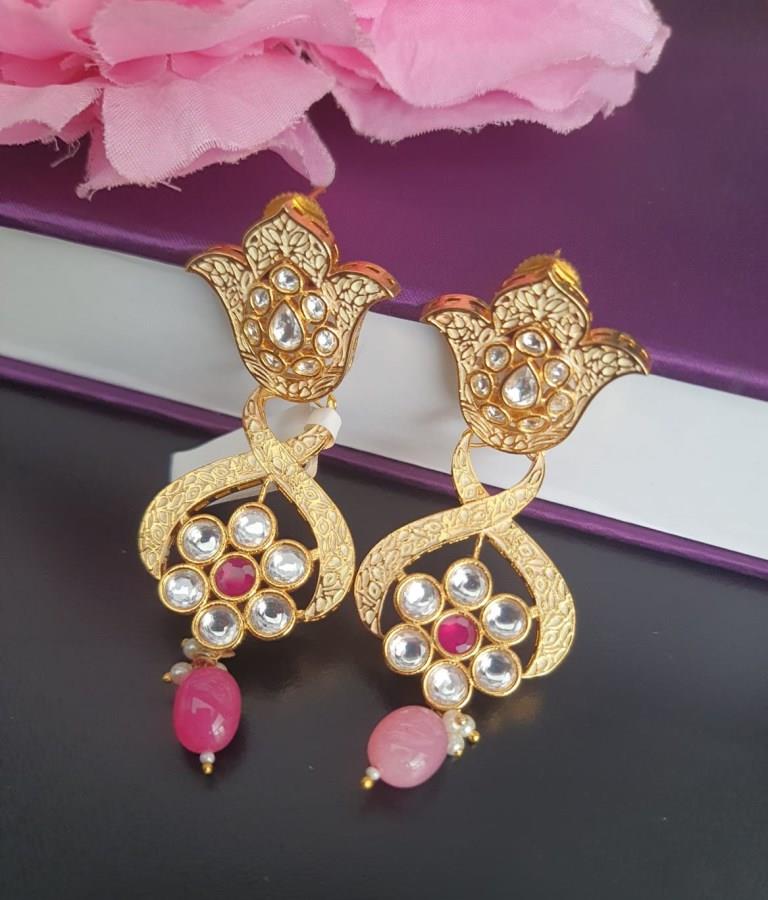 Rose Design Gold Minakari With Ruby Stone Earrings.