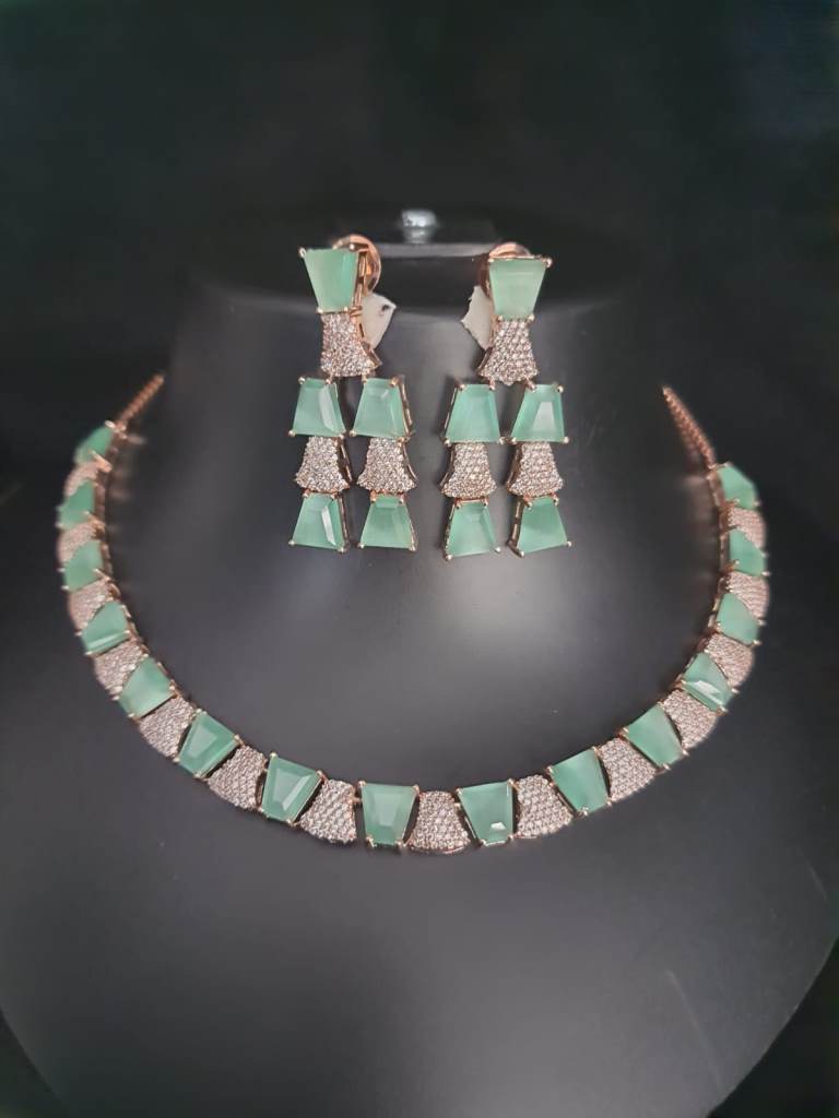 Green Mint Stone American Diamond Necklace Set.