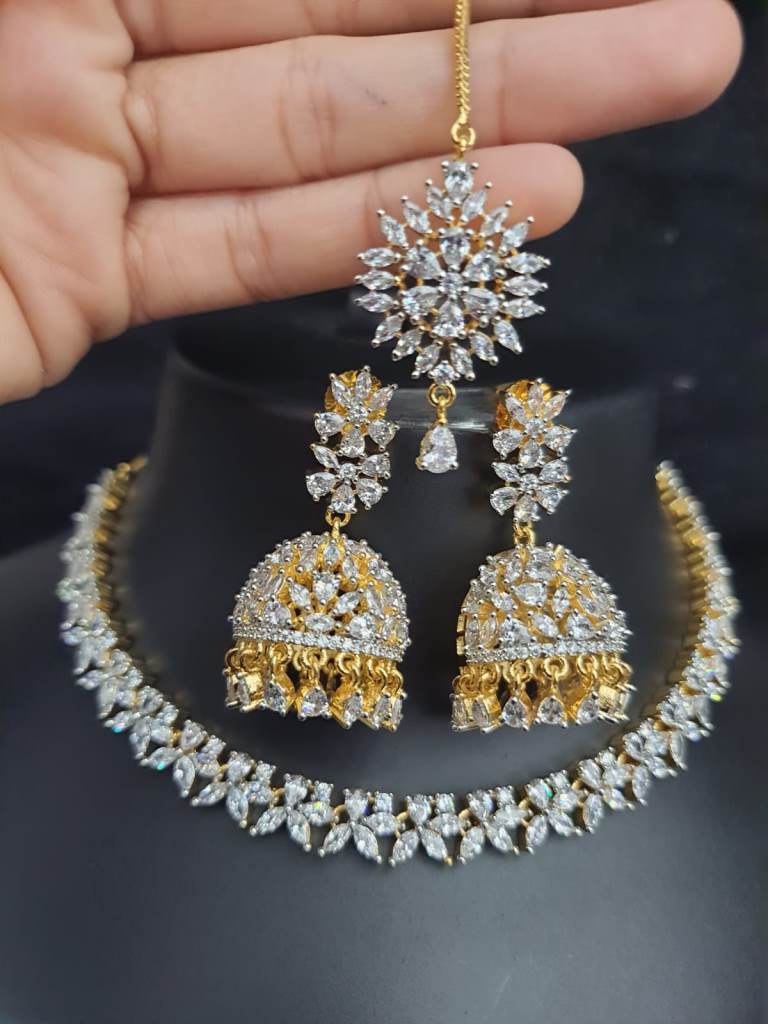 American Diamond Necklace Set With Mangtika.