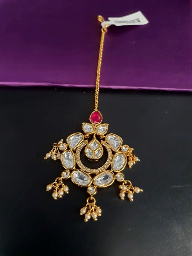 Traditional Uncut Kundan With Ruby Stone Maangtika.