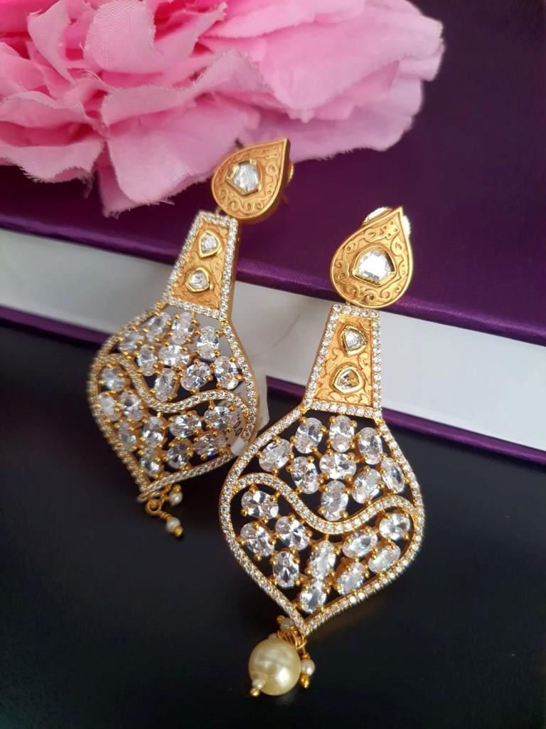 Long Uncut Kundan Golden Minakari Earrings.