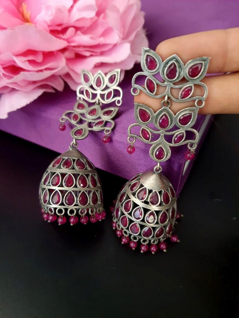 German Silver With Ruby Stone Earrings.