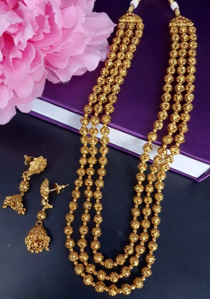 Three Line Gold Plated Long Necklace Set.