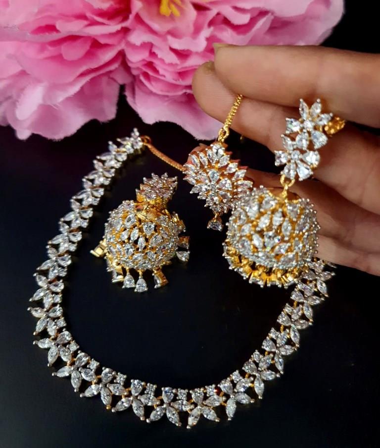 American Diamond Necklace Set With Mangtika.