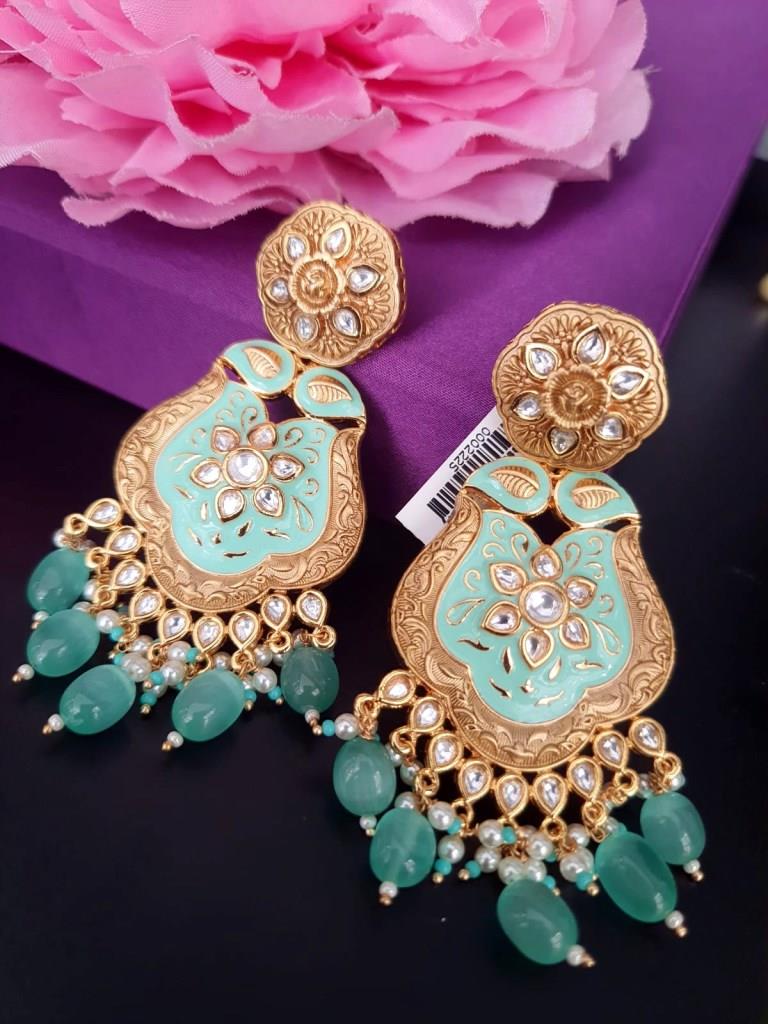 Mint Minakari Kundan Stone Earrings.