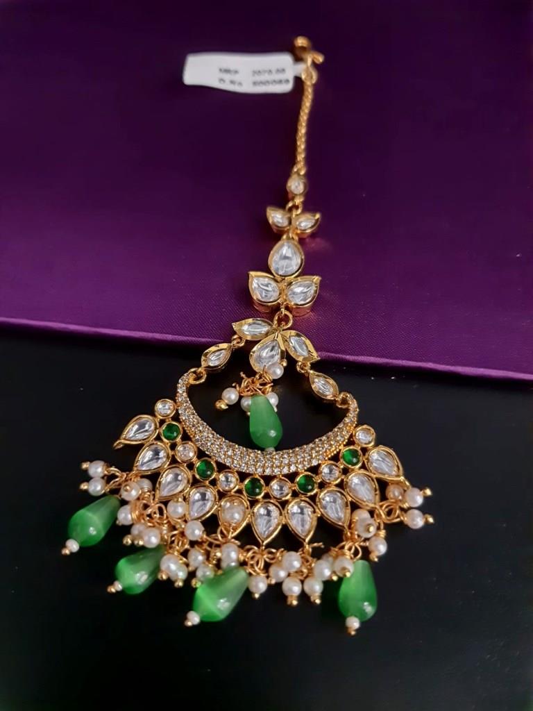 Traditional Uncut Kundan With Green Stone Maangtika.