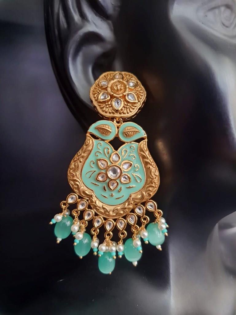 Mint Minakari Kundan Stone Earrings.