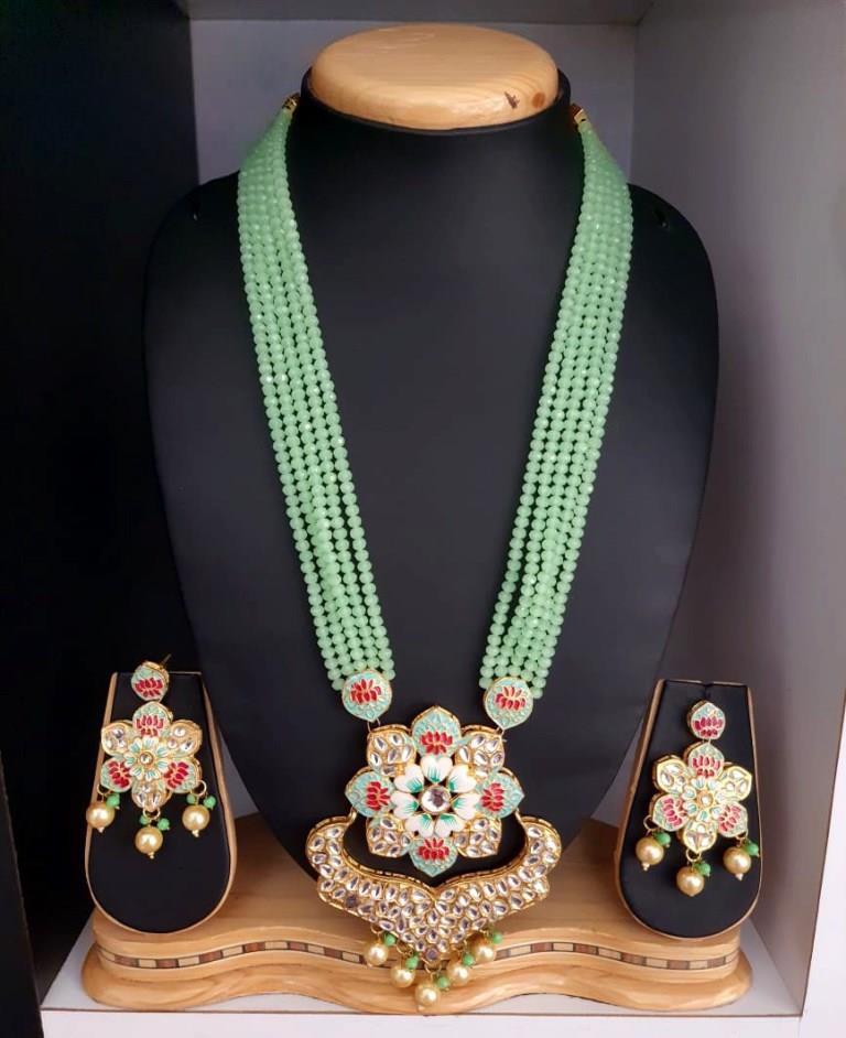 Mint Green Beads Mala Long Necklace Set.