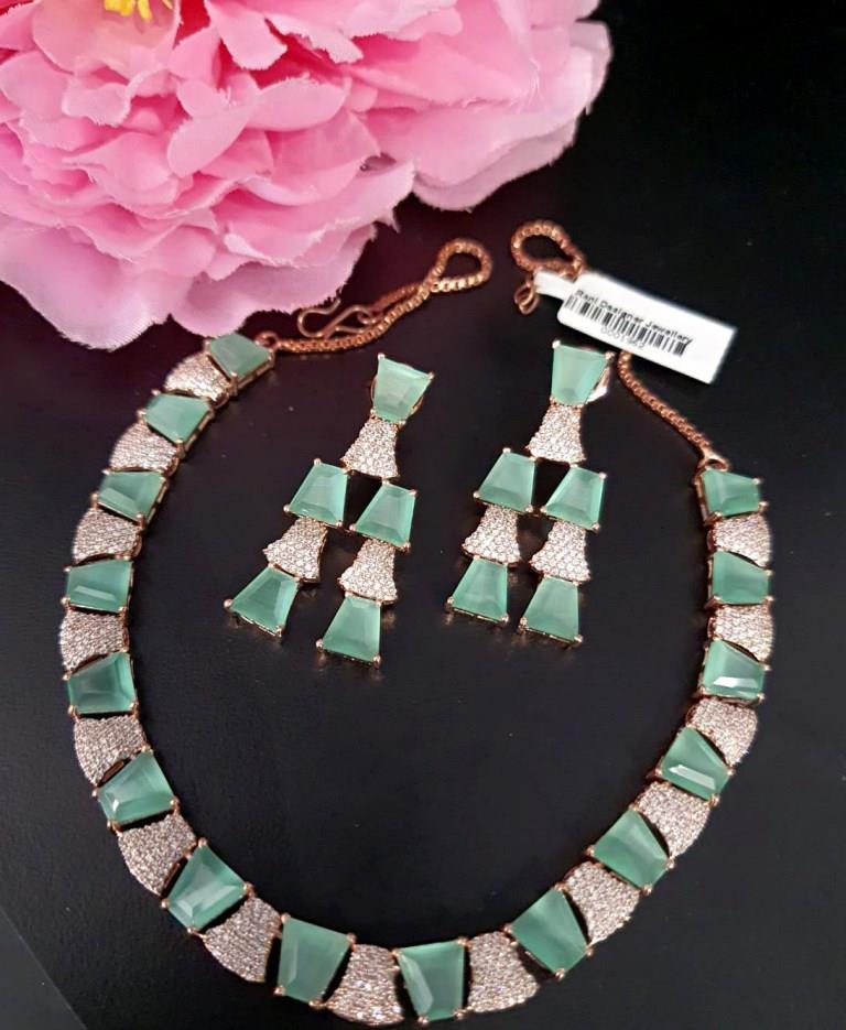 Green Mint Stone American Diamond Necklace Set.