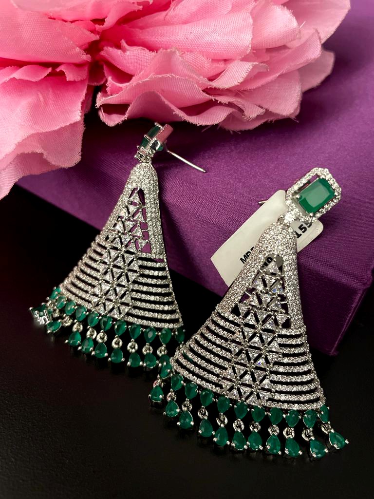 Rhodium Plated Green Stone Earrings.