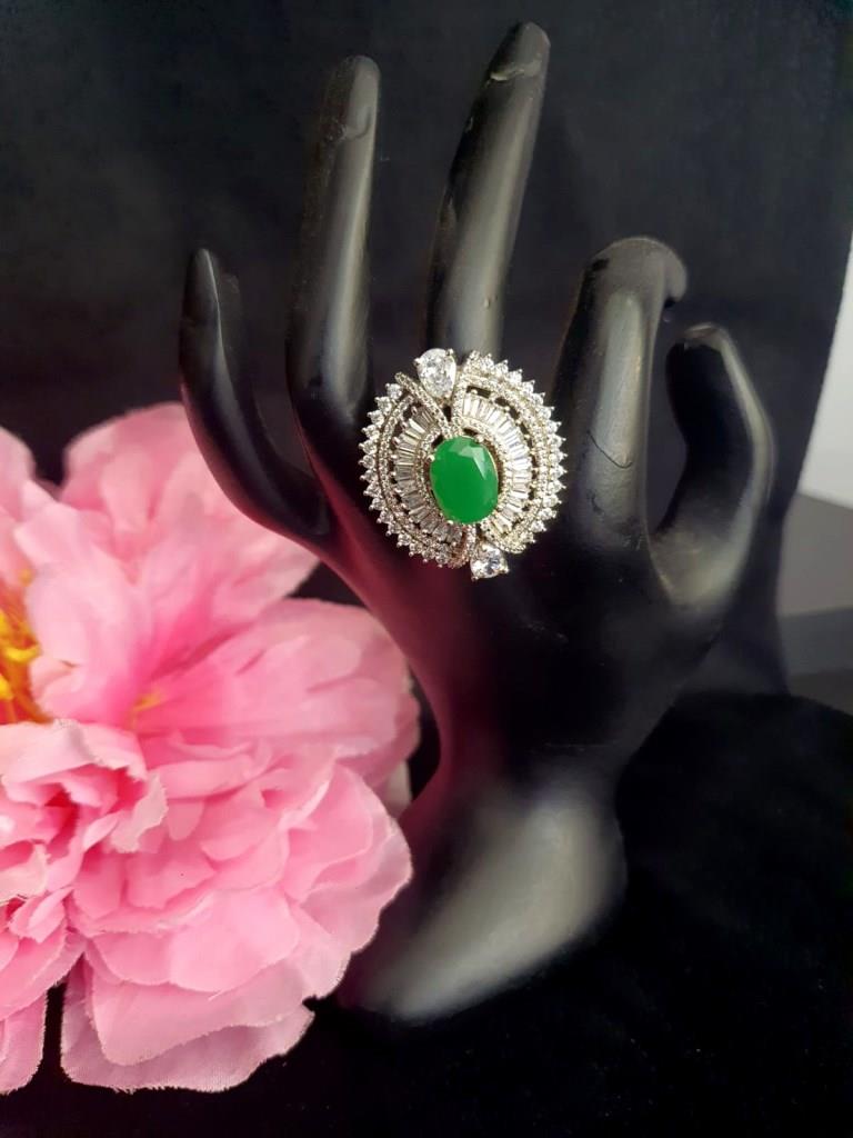 baguette And CZ Diamond With Green Stone Finger Ring.