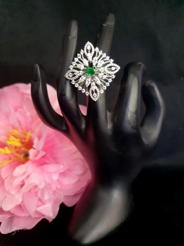 CZ Diamond With Green Stone Ring.