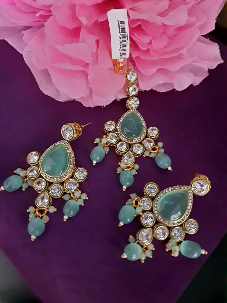 Gold Plated Aqua Polki Kundan Earrings.