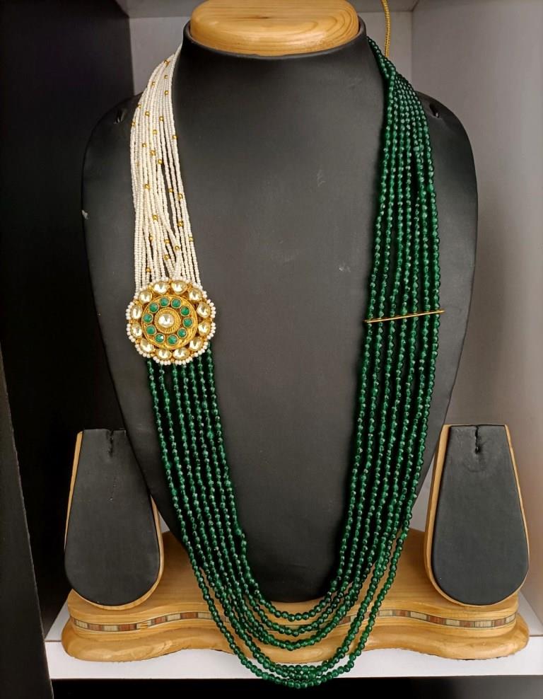 Green Onex Beads Long Necklace Set With Big Kundan Broach.