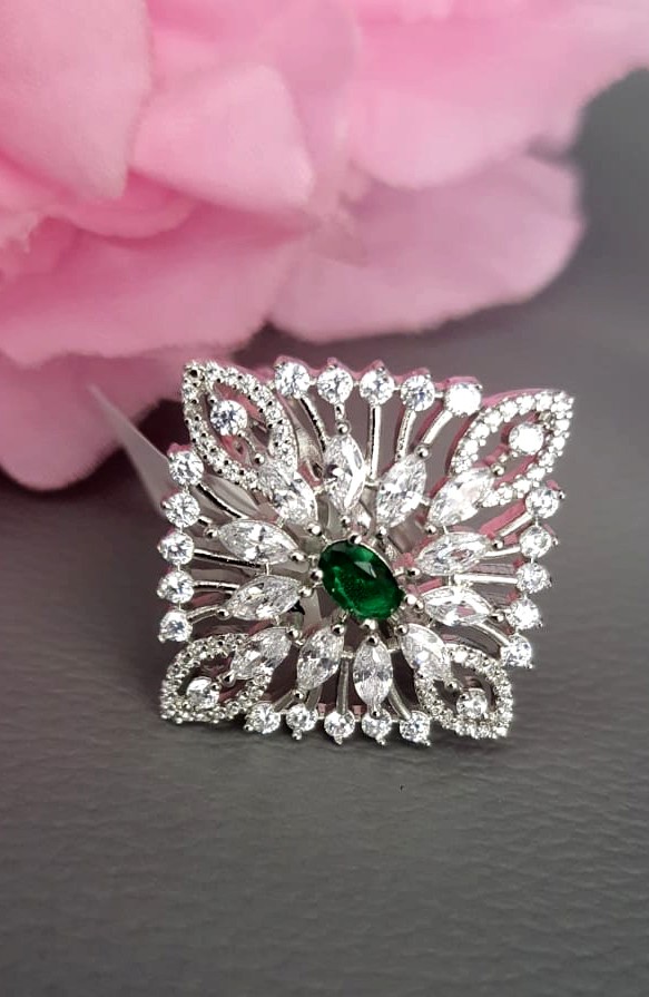 CZ Diamond With Green Stone Ring.