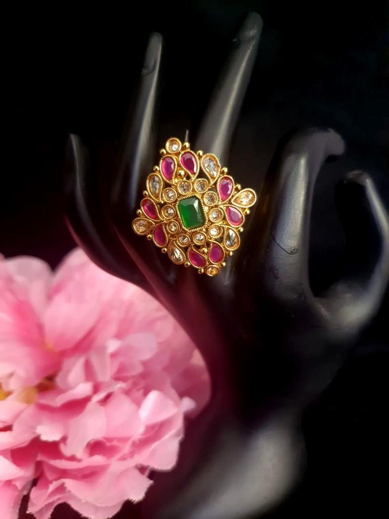 Gold Plated Kundan Stone Finger Ring.