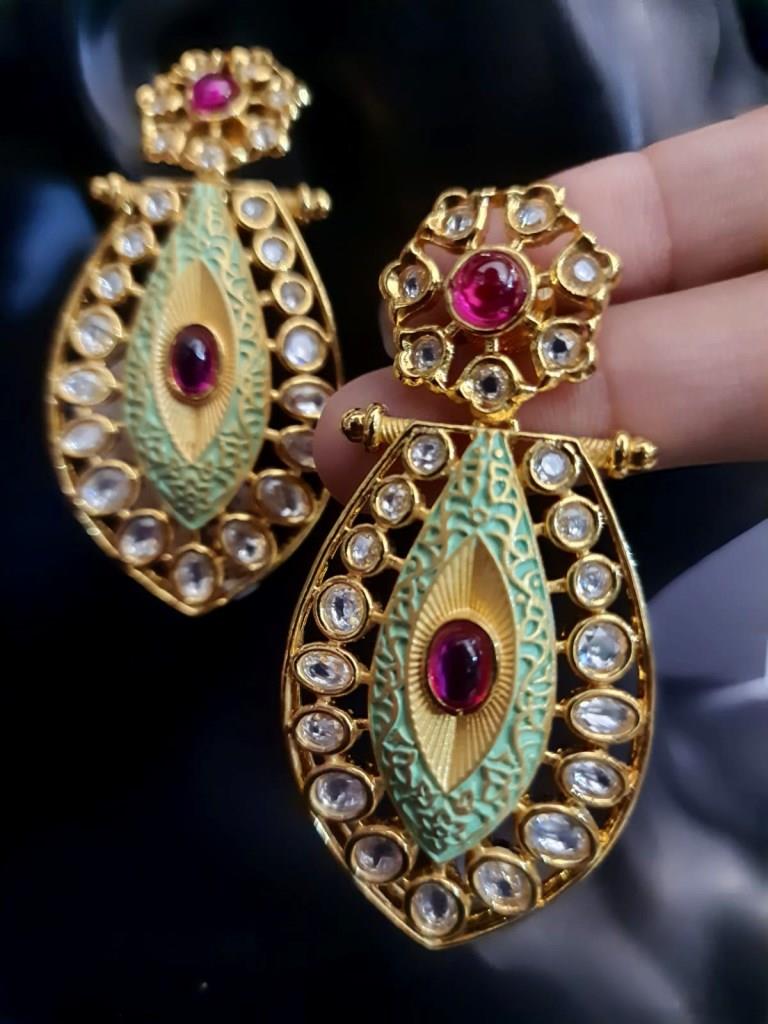 Green Minakari Kundan Earrings.