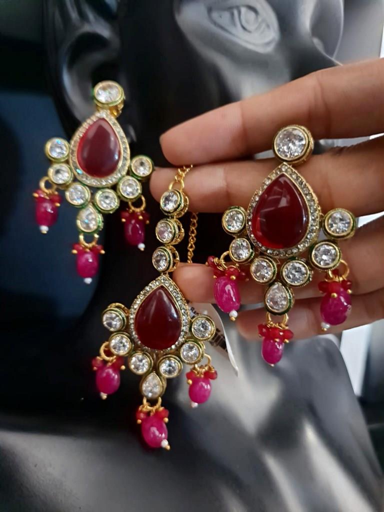 Gold Plated Ruby Polki Kundan Earrings.