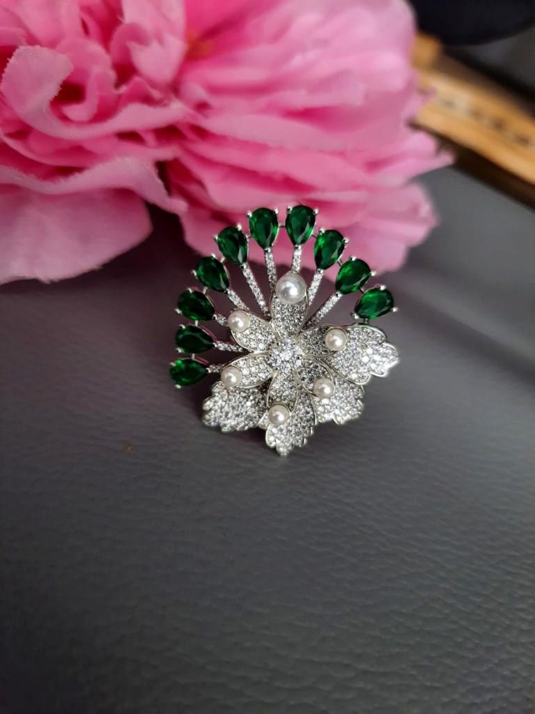 CZ Diamond With Green Stone Finger Ring.