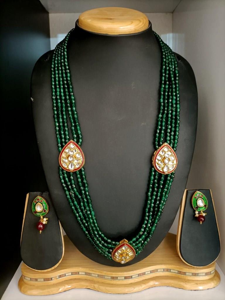 Green Onex Beads Long Necklace Set With Kundan Broach.