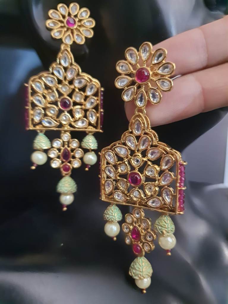 Green Minakari Kundan Earrings.