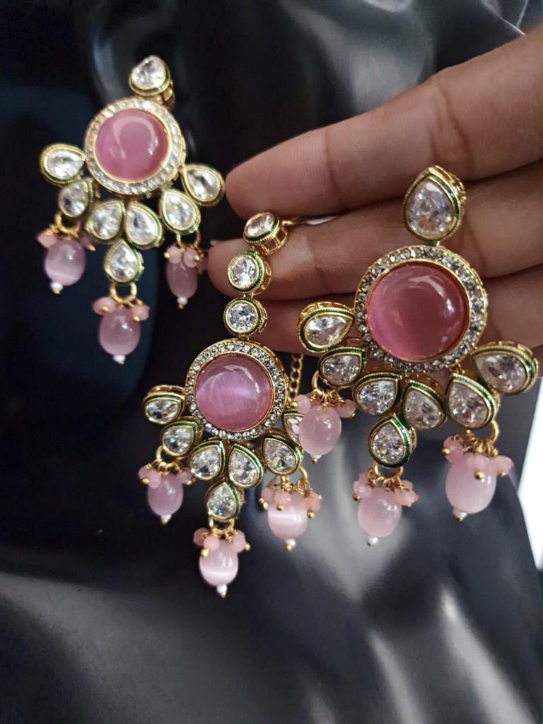 Gold Plated Baby Pink Polki Earrings.