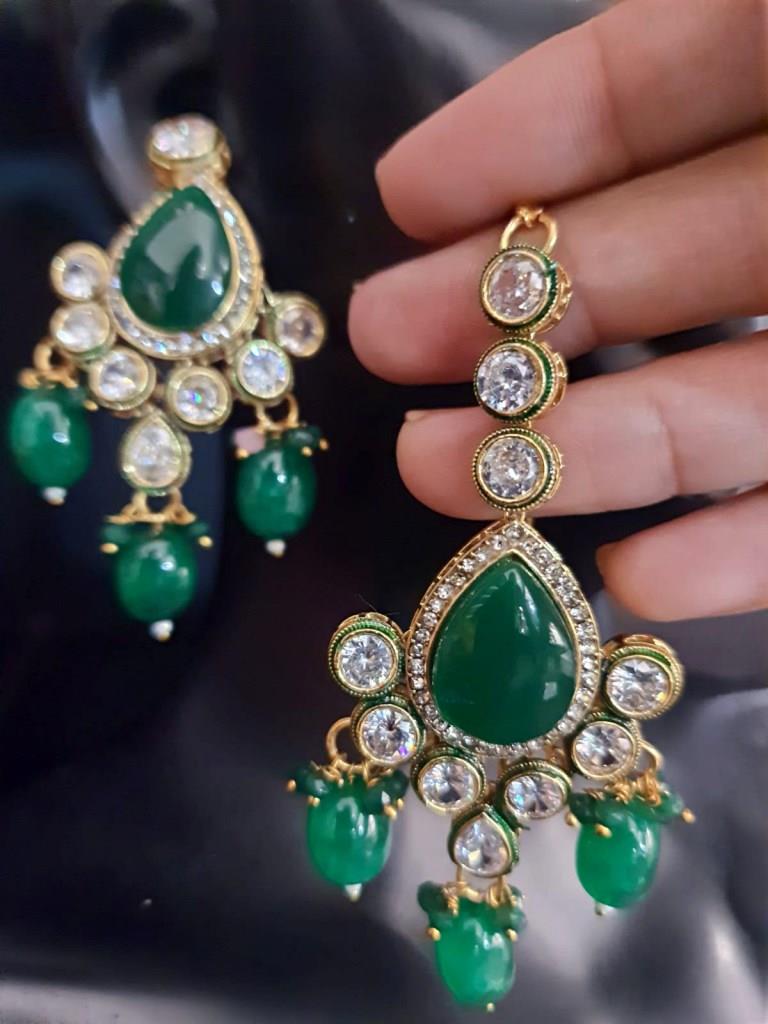 Gold Plated Green Polki Earrings.