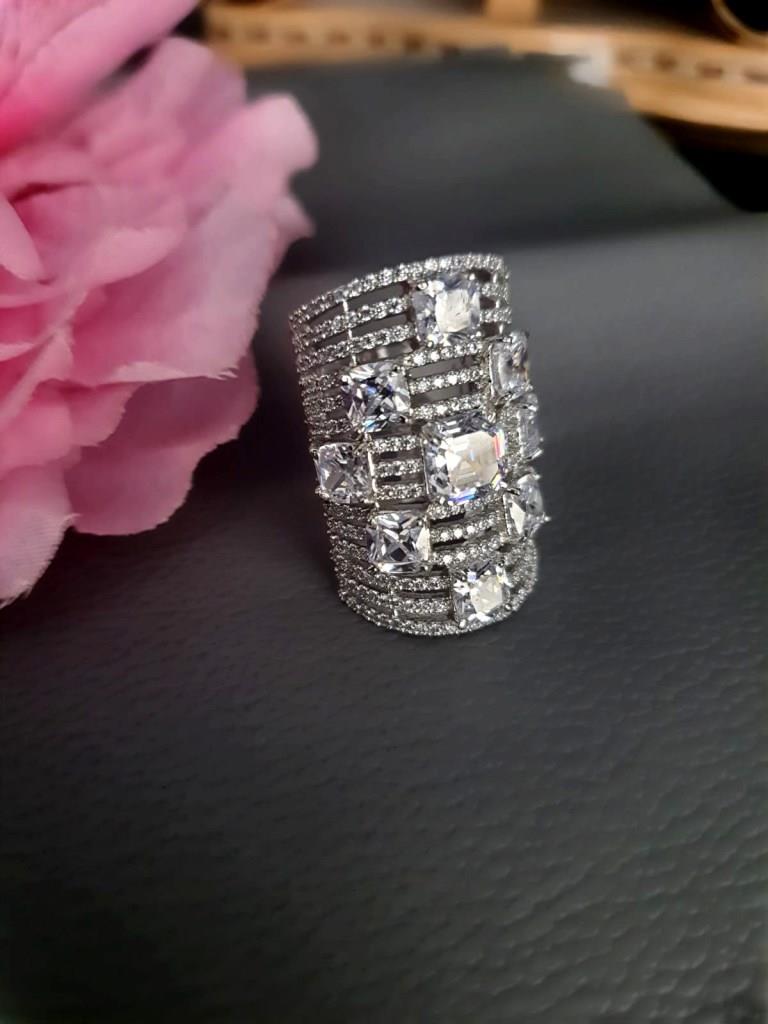 Rhodium Plated CZ Diamond Finger Ring.