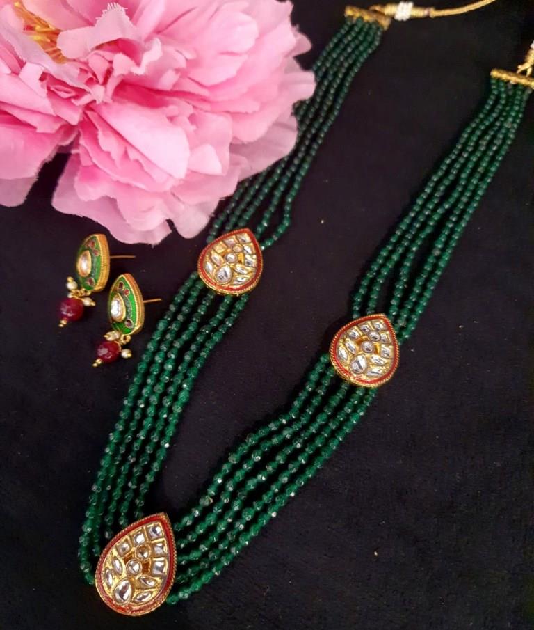 Green Onex Beads Long Necklace Set With Kundan Broach.