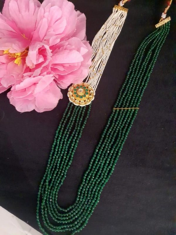 Green Onex Beads Long Necklace Set With Big Kundan Broach.