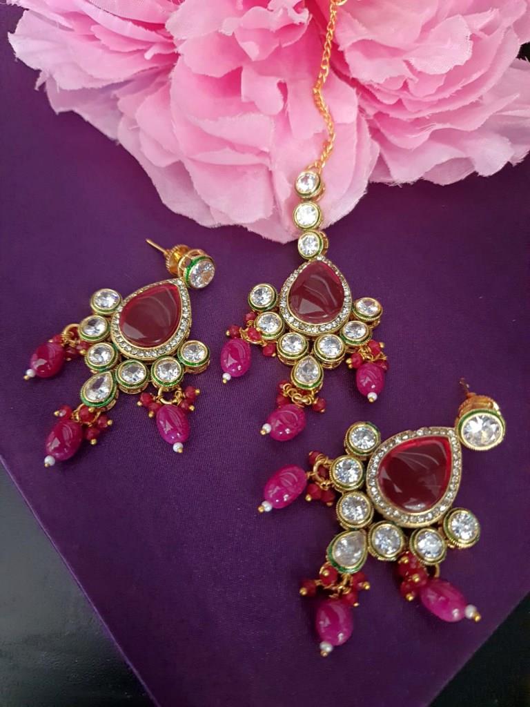 Gold Plated Ruby Polki Kundan Earrings.